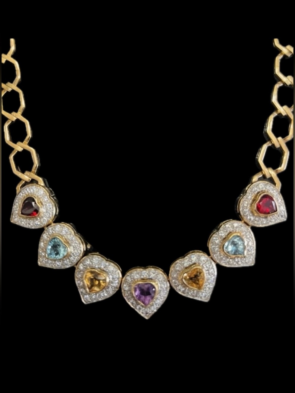 Suzanne Somers RARE vintage real gemstone Pave CZ heart gold chain necklace HSN
